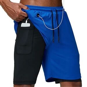 Mens 2 in 1 Running Shorts Quick Dry Athletic Shorts with Liner Zip Pockets 2XL